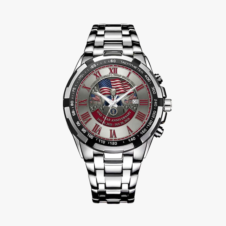 Zegarek z okazji rocznicy prezydentury Donalda Trumpa: chronograf z okazji drugiej rocznicy kadencji Donalda Trumpa z motywem flagi USA Silver