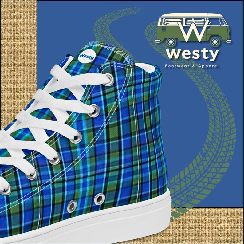 May include: Blue, green, and black plaid high-top sneakers with white laces and a white sole. The shoes have a "Westy" logo on the side.