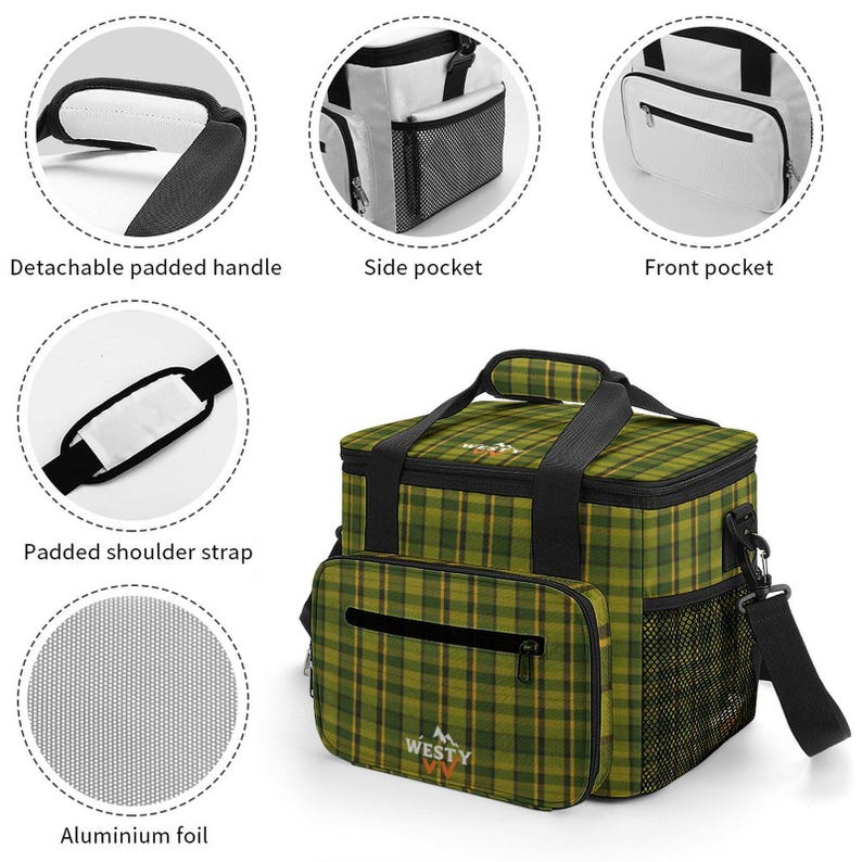 Green Plaid 30-Can Insulated Cooler Bag with Strap image 4