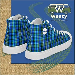May include: A pair of high-top sneakers with a blue, green, and white plaid pattern. The sneakers have white laces and a white sole. The brand name "Westy" is on the side of the sneakers.