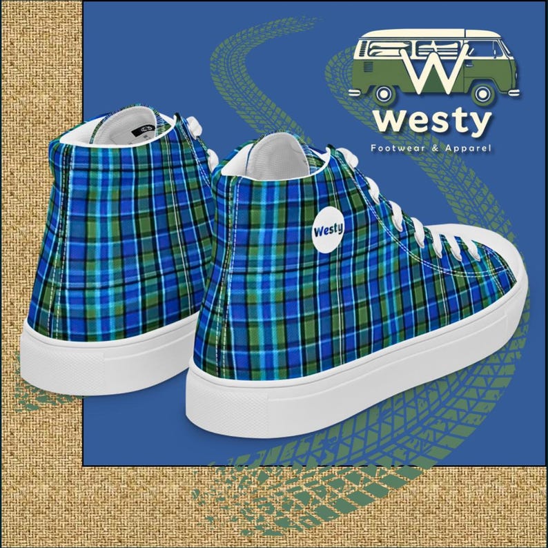 May include: A pair of high-top sneakers with a blue, green, and white plaid pattern. The sneakers have white laces and a white sole. The brand name "Westy" is on the side of the sneakers.