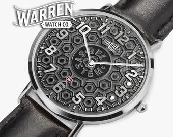 Orologio al quarzo unisex ultrasottile Bell Systems Manhole Cover con cinturino in vera pelle