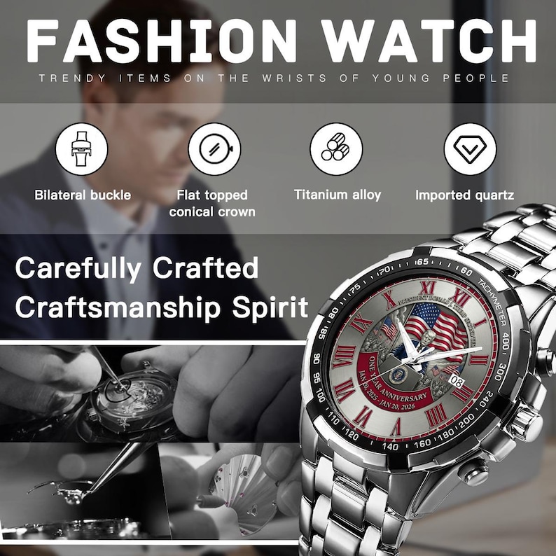 Zegarek z okazji rocznicy prezydentury Donalda Trumpa: chronograf z okazji drugiej rocznicy kadencji Donalda Trumpa z motywem flagi USA zdjęcie 6