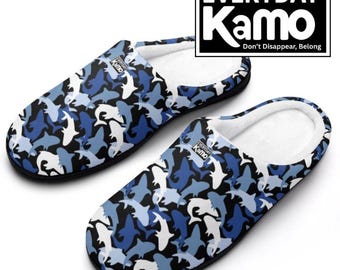 Everyday Kamo Men's Shark Camo Slippers | Cozy Blue Ocean Print House Shoes with Anti-Skid Sole