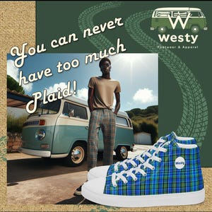 May include: High-top sneakers with a blue, green, and black plaid pattern. The shoes have white laces and a white sole. The brand name "Westy" is printed on the side of the shoe.