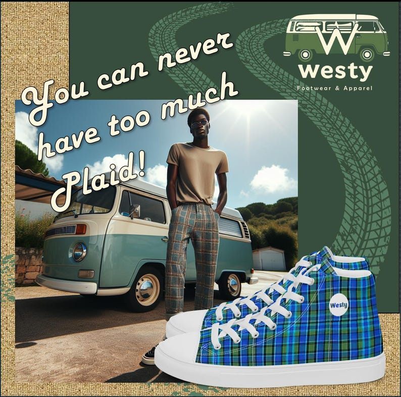 May include: High-top sneakers with a blue, green, and black plaid pattern. The shoes have white laces and a white sole. The brand name "Westy" is printed on the side of the shoe.