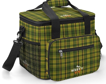 Zielona, kratkowana torba termiczna na 30 puszek z paskiem