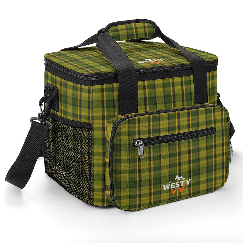 Green Plaid 30-Can Insulated Cooler Bag with Strap White ffffff