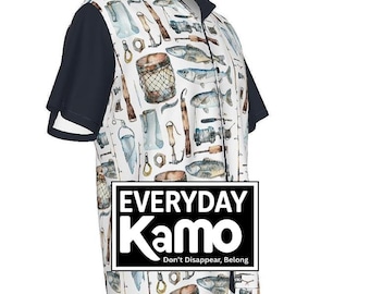 Men's Fishing Pattern Hawaiian Shirt | Angler's Aloha Camp Shirt | Lightweight Summer Beachwear