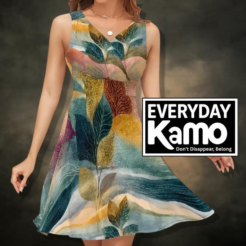 Robe Kamo abstraite à col en V pour tous les jours, tenue d'été moderne. 180 g de soie au lait image 7