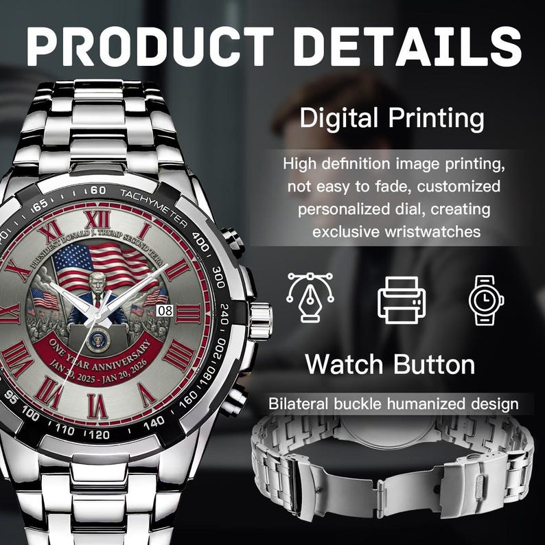 Zegarek z okazji rocznicy prezydentury Donalda Trumpa: chronograf z okazji drugiej rocznicy kadencji Donalda Trumpa z motywem flagi USA zdjęcie 7