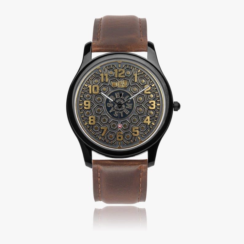 Bell Systems Manhole Cover Black Stainless Steel Watch with 3 Genuine Leather Bands - Japanese Movement image 4