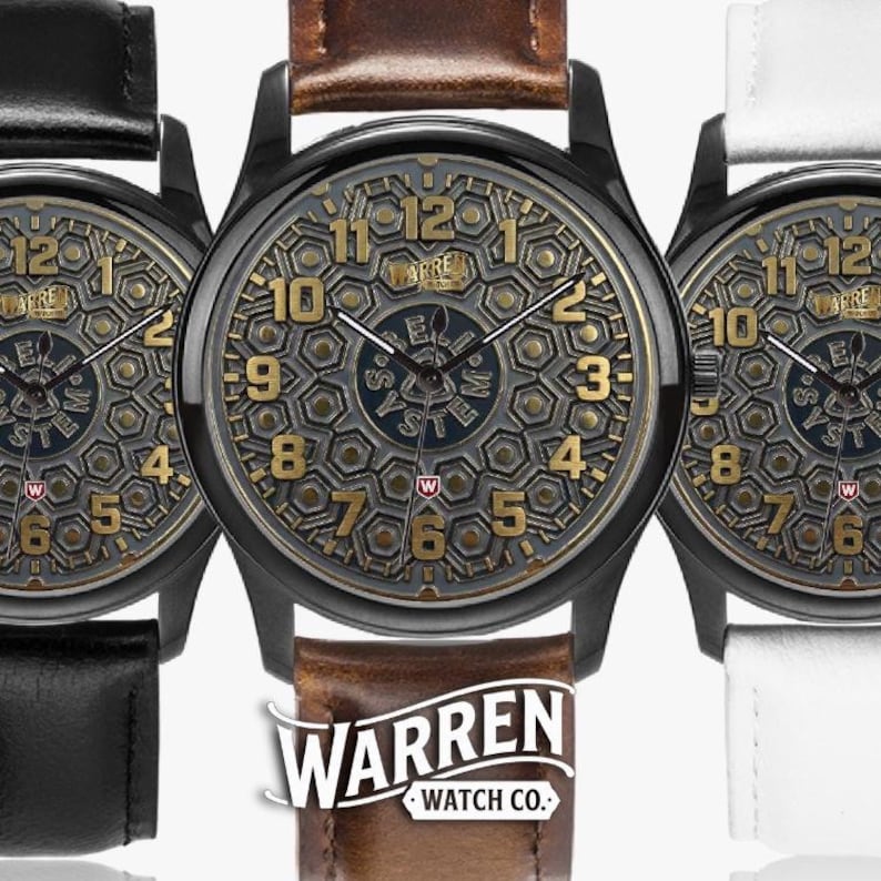Bell Systems Manhole Cover Black Stainless Steel Watch with 3 Genuine Leather Bands - Japanese Movement image 1