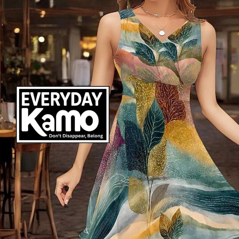 Robe Kamo abstraite à col en V pour tous les jours, tenue d'été moderne. 180 g de soie au lait image 1