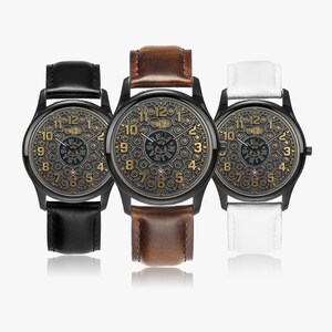 Bell Systems Manhole Cover Black Stainless Steel Watch with 3 Genuine Leather Bands - Japanese Movement image 2