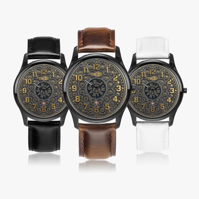 Bell Systems Manhole Cover Black Stainless Steel Watch with 3 Genuine Leather Bands - Japanese Movement image 2