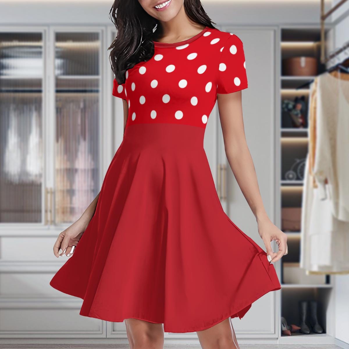 red polka dot skater dress Vibrant Red Polka Dot Skater Dress | Women's Short Sleeve Milk Silk Summer  Flowy Mini Dress | Casual & Chic