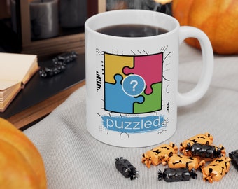 Puzzled,  jigsaw mug, creative gift, gift for problem solver, creative thinker, jigsaw puzzle, puzzling challenge, ceramic coffee mug, cup