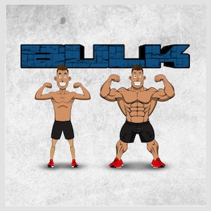 Può includere: Due illustrazioni di cartoni animati di una persona prima e dopo aver guadagnato massa muscolare. La persona a sinistra è magra e la persona a destra è muscolosa. La parola "BULK" è scritta in lettere blu sopra le due figure.
