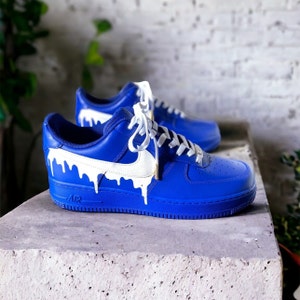 Customized AF1 Sneakers - Blue & white drip , Hand Painted Nike Air Force 1, Unique Artistic Shoes