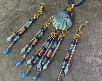 Aqua Scallop Shell Jewelry Set: Beaded Pendant Earrings