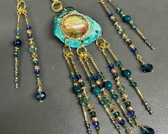 Turquoise Seashell Jewelry Set: Artisan Painted Pendant Earrings