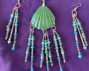 Handmade Shell Pendant Earring Set: Blue-Green Shimmer Jewelry
