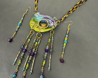 Painted Seashell Statement Necklace & Earrings: Beaded Wearable Art