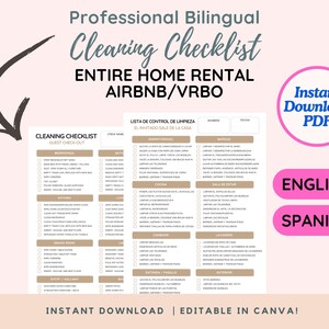 Spanish + English Housekeeping Cleaning Checklist | Bilingual Entire Housecleaning List for Airbnb Home Rental
