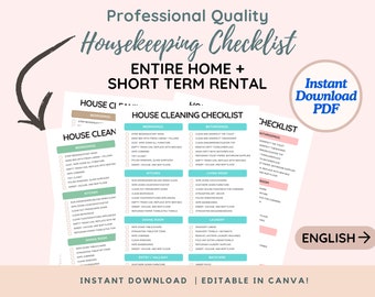 Housekeeping Cleaning Professional Checklist | Short Term Rental List In English | Printable Sheet