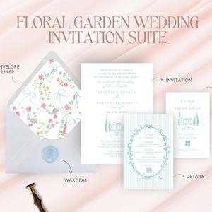 Vintage Garten Hochzeit Einladen Set | Veranstaltungsort Skizze Naturleinen Papier Einladung | Antwortkarte, Wachs Siegel, Umschlag mit Liner