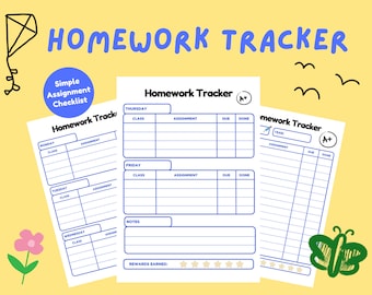 Pode incluir: Três rastreadores de tarefas imprimíveis com linhas azuis e pretas. Os rastreadores são etiquetados como "Homework Tracker" e têm seções para a aula, a tarefa, a data de vencimento e feito. Um rastreador tem uma seção para notas e recompensas ganhas.