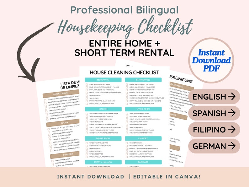 Housekeeping Cleaning Checklist Bundle Bilingual Spanish English