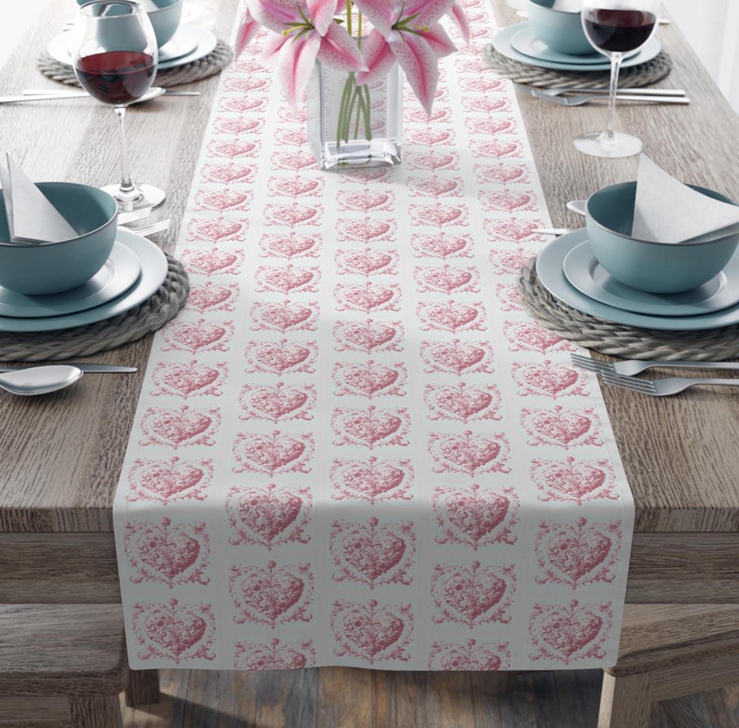 Valentines Day Table Runner Pink Table Runner Toile Heart Table Runner ...