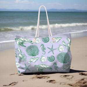 Bolso de mano personalizado con estilo inspirado en el océano Bolso de mano de gran tamaño Bolso de fin de semana Regalo para ella Bolso de mano morado y verde con vida marina Bolso personalizado para ella