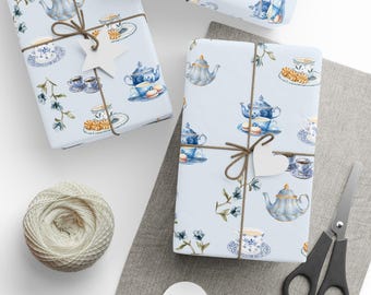 Toile Wrapping Paper Tea Set Gift Wrap for Special Gift Bridal Shower Wedding Shower Luxury Wrapping Papers Blue Toile Chinoiserie Tea Lover