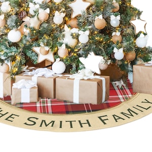 Christmas Tree Skirts Personalized Family Name Plaid and Cream Holiday Christmas Tree Decor Custom Tree Skirt for Christmas Tree