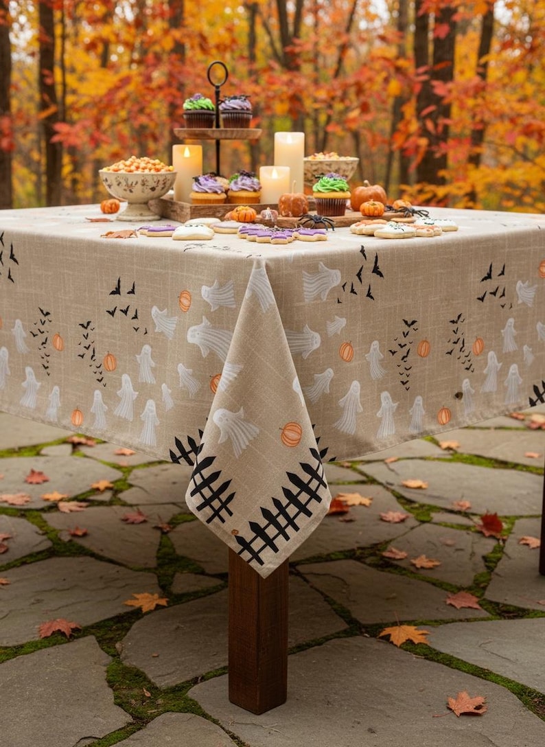 K&ouml;nnte beinhalten: Eine quadratische, beige Tischdecke mit einem wiederkehrenden Halloween-Muster aus wei&szlig;en Geistern, orangefarbenen K&uuml;rbissen, schwarzen Flederm&auml;usen und einer schwarzen Zaunbord&uuml;re am unteren Rand. Der Stoff wirkt strukturiert und bedeckt einen Holztisch.