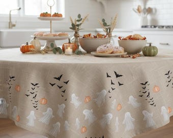 Halloween Tablecloth with Ghosts and Bats Spooky Table Cloth for Dining Kitchen Halloween Round Square Tablecloth Halloween Decorations