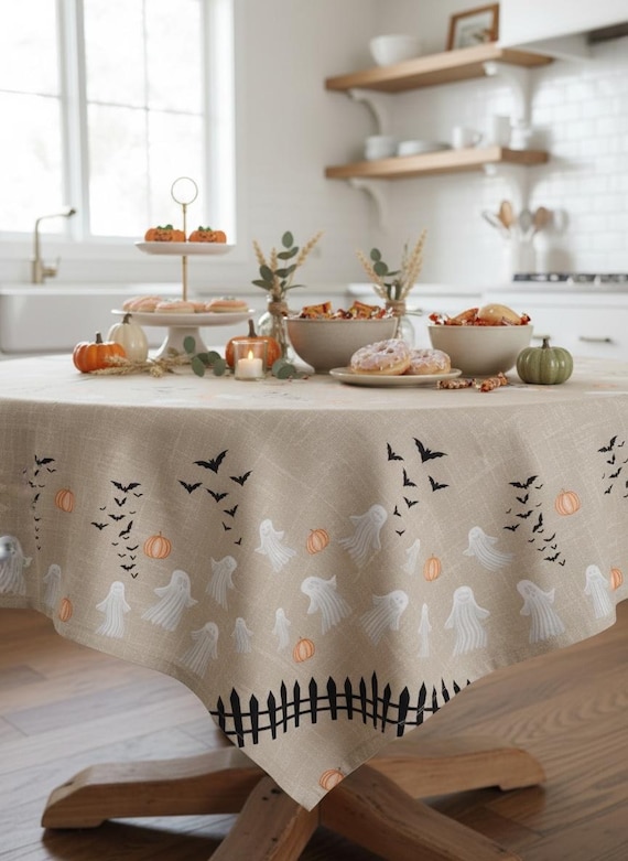 Halloween Tablecloth with Ghosts and Bats Spooky Table Cloth for Dining Kitchen Halloween Round Square Tablecloth Halloween Decorations