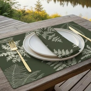 Green Fern Print Cotton Placemats – Washable Table Decor Set
