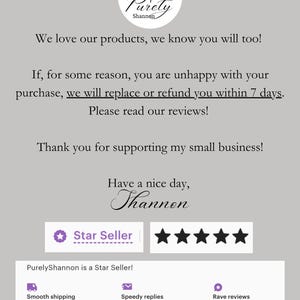 K&ouml;nnte beinhalten: Eine graue Infografik mit dem Purely Shannon Logo, einer Kundenzufriedenheitsrichtlinie und einem Dankesschreiben. Sie zeigt ein Star Seller Abzeichen, f&uuml;nf schwarze Sterne sowie Symbole f&uuml;r Versand, Antwortzeiten und Kundenbewertungen.