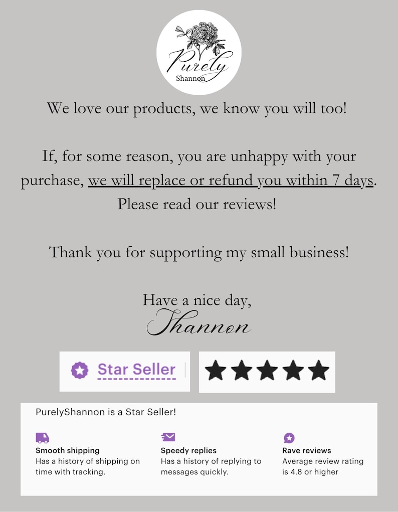 K&ouml;nnte beinhalten: Eine graue Infografik mit dem Purely Shannon Logo, einer Kundenzufriedenheitsrichtlinie und einem Dankesschreiben. Sie zeigt ein Star Seller Abzeichen, f&uuml;nf schwarze Sterne sowie Symbole f&uuml;r Versand, Antwortzeiten und Kundenbewertungen.