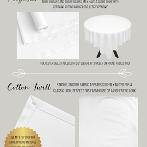 K&ouml;nnte beinhalten: Eine Infografik zum Vergleich von Tischdecken, Servietten und Tischl&auml;ufern aus Polyester und Baumwollk&ouml;per. Sie zeigt Stofftexturen, einen runden Tisch mit einer wei&szlig;en Polyestertischdecke sowie Text zu Materialeigenschaften und Gr&ouml;&szlig;en wie 140 cm quadratisch und 147 cm quadratisch oder 147 mal 259 cm rechteckig.