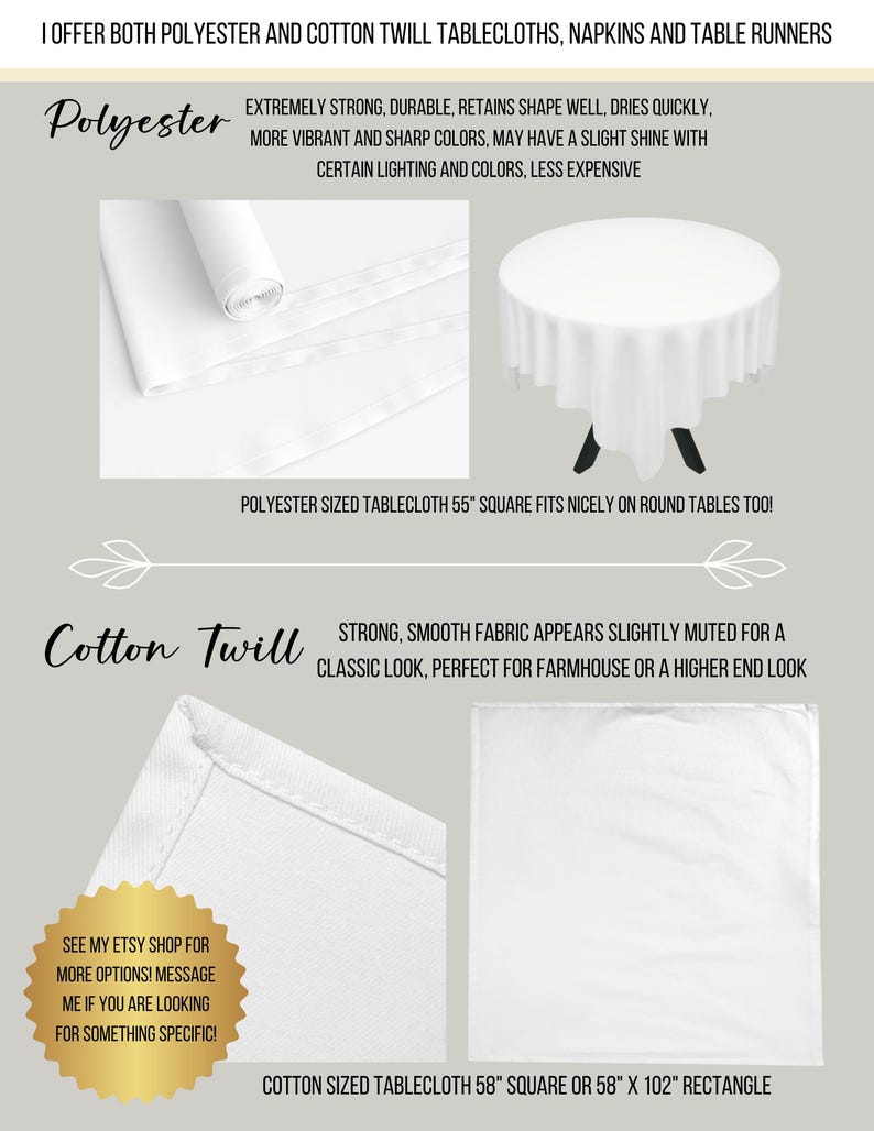 K&ouml;nnte beinhalten: Eine Infografik zum Vergleich von Tischdecken, Servietten und Tischl&auml;ufern aus Polyester und Baumwollk&ouml;per. Sie zeigt Stofftexturen, einen runden Tisch mit einer wei&szlig;en Polyestertischdecke sowie Text zu Materialeigenschaften und Gr&ouml;&szlig;en wie 140 cm quadratisch und 147 cm quadratisch oder 147 mal 259 cm rechteckig.