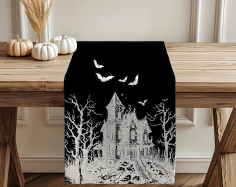 Tischläufer nach Maß, Halloween-Tischläufer, Dekoration im Stil eines Spukhauses für Halloween-Dekoration, Herbst-Tischdekoration, Herbst-Wohndekoration für Halloween-Tisch