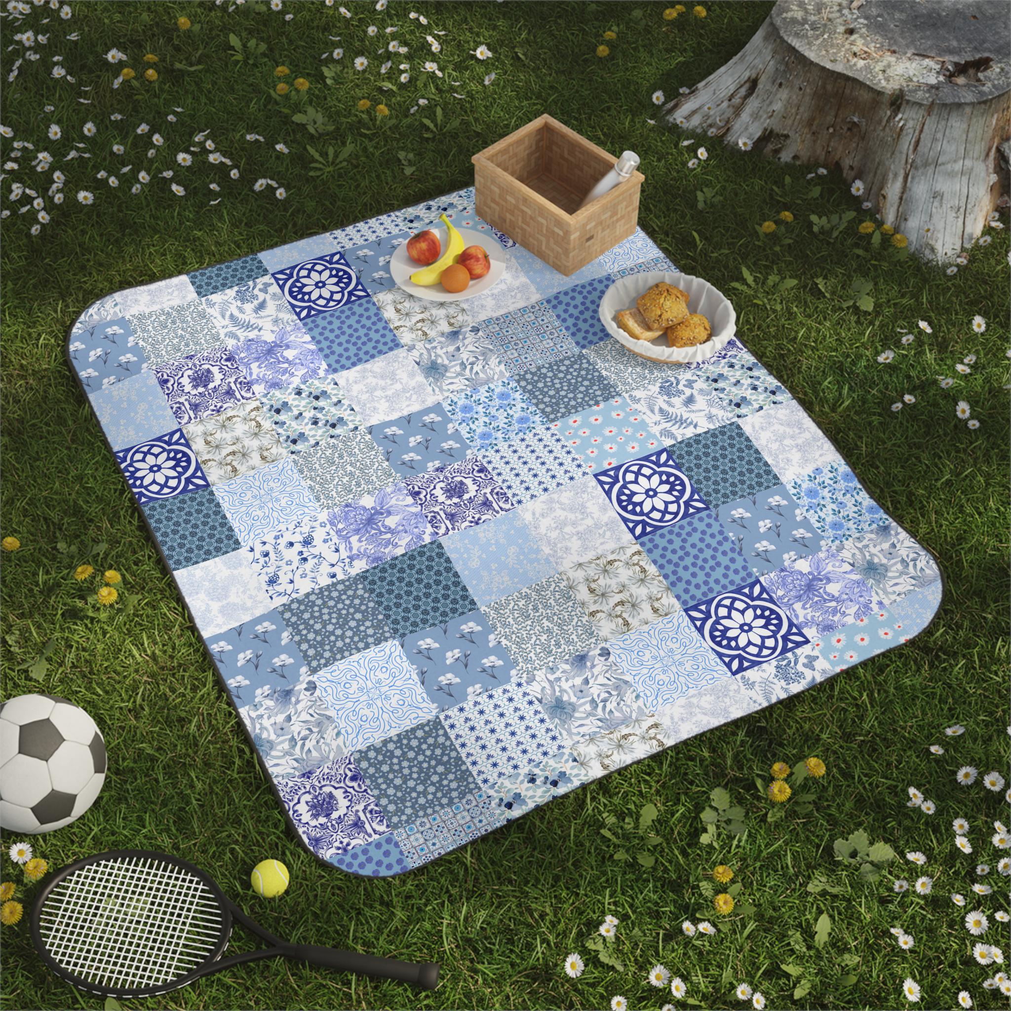 Blue Picnic Blanket Mat Gift Patchwork Blue Floral Picnic Blanket with Carrying Strap (61" x 51") Picnic Blanket Baby Boy Play Mat Custom