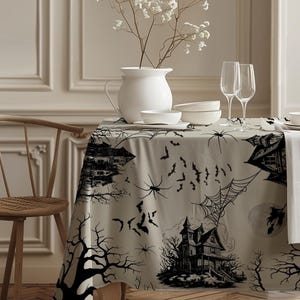 May include: A beige Halloween tablecloth with black illustrations of haunted houses, bats, spiders, and webs. The table is set with white dishes, wine glasses, and a white vase with white flowers. The tablecloth is draped over a table.