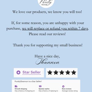 Puede incluir: Imagen de fondo azul claro con texto y gr&aacute;ficos. El texto incluye "Purely Shannon", "Amamos nuestros productos" y "Vendedor Estrella". La imagen tambi&eacute;n presenta un logotipo floral y una calificaci&oacute;n de cinco estrellas.