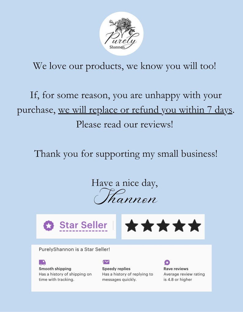 Puede incluir: Imagen de fondo azul claro con texto y gr&aacute;ficos. El texto incluye "Purely Shannon", "Amamos nuestros productos" y "Vendedor Estrella". La imagen tambi&eacute;n presenta un logotipo floral y una calificaci&oacute;n de cinco estrellas.